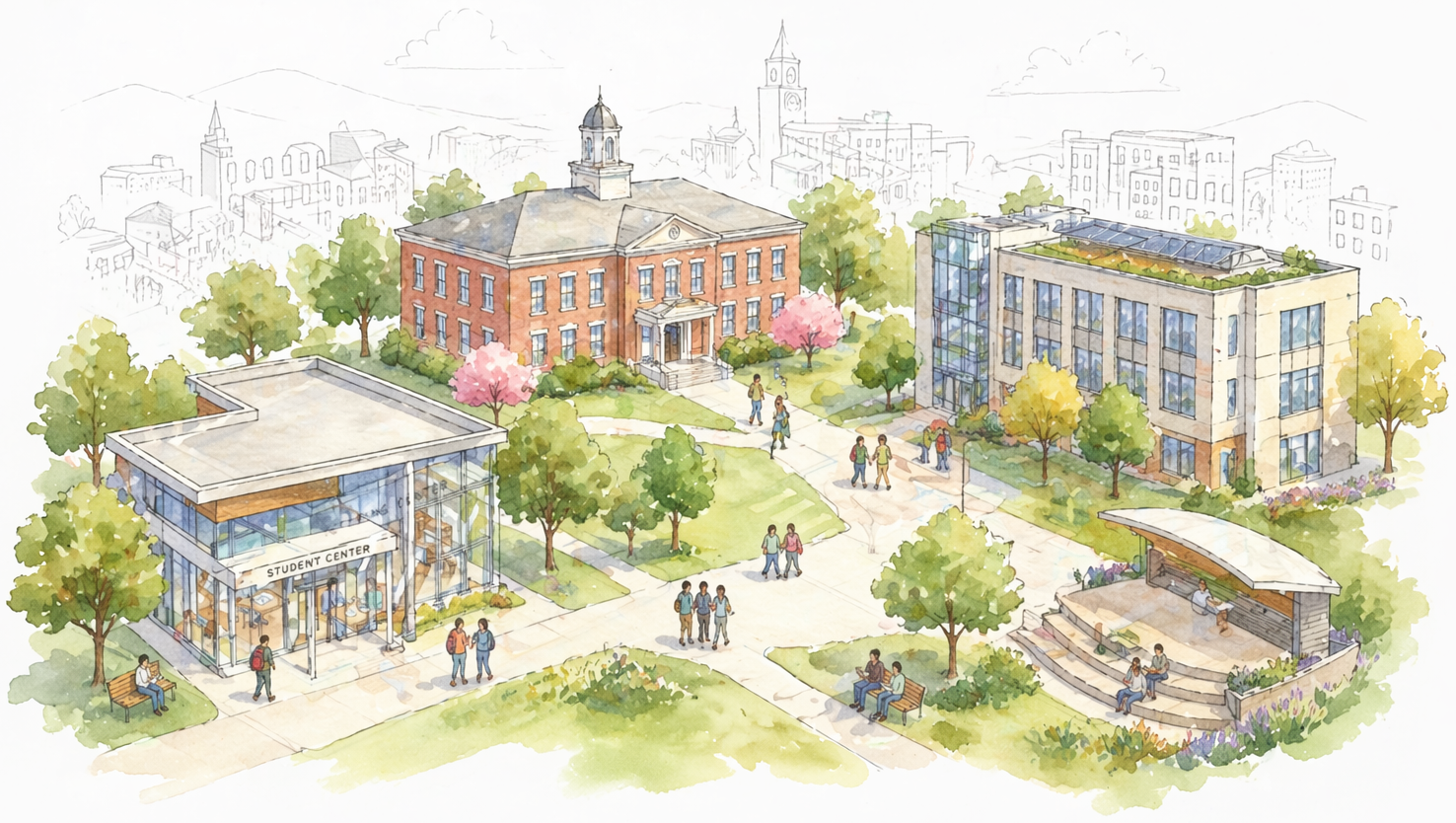 Watercolor campus illustration