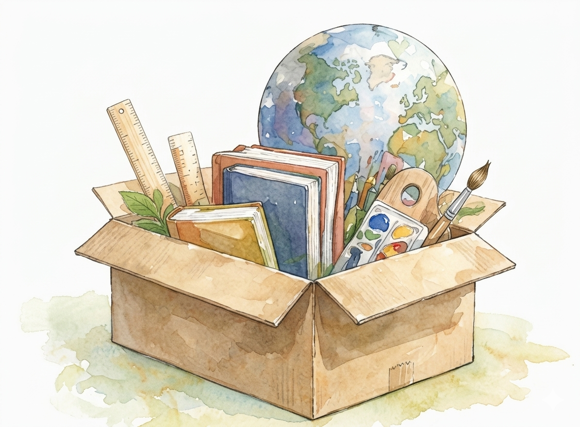 Box of educational supplies with a globe